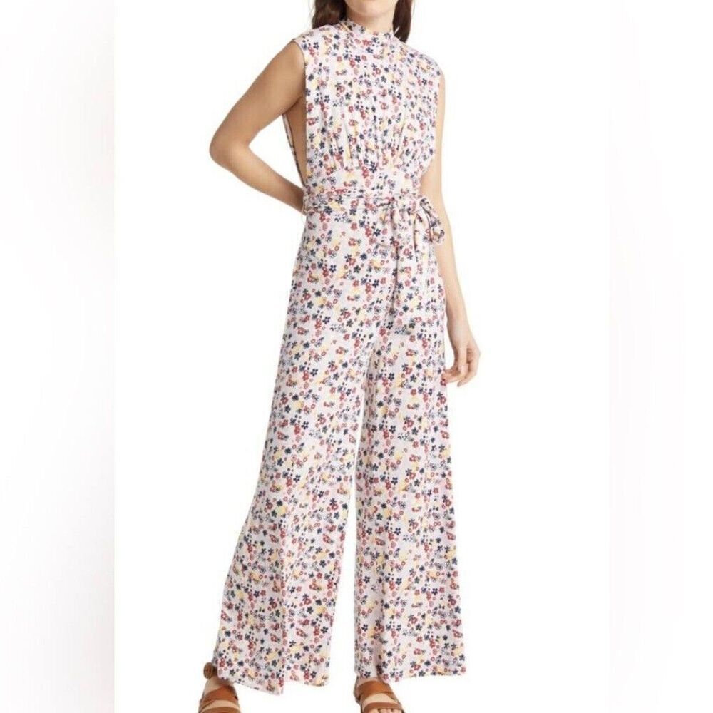 Free People Vibe Check Tie Waist Jumpsuit Tea Ditsy Print Size Medium